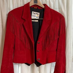 Pioneer Wear Women's Vintage Vibrant Red Suede Blazer with fringe